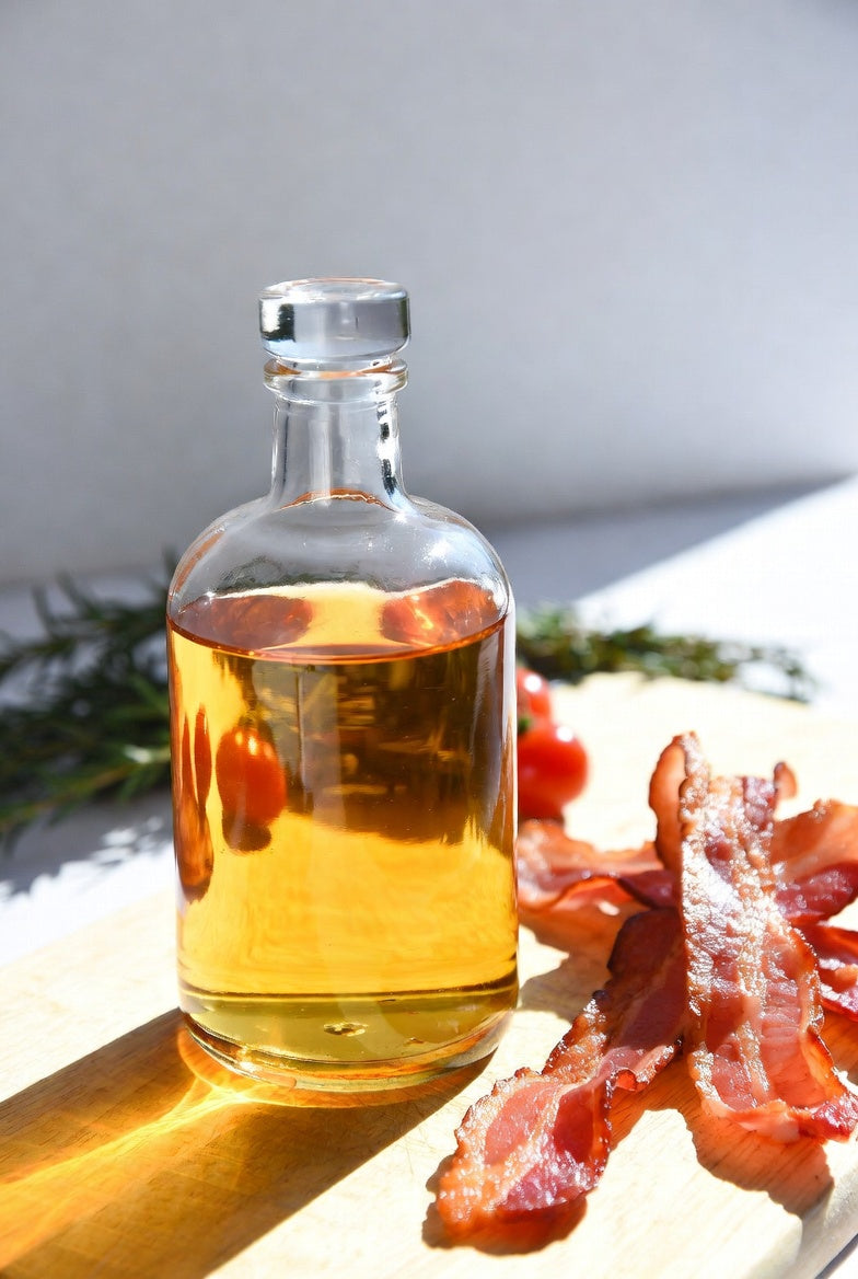 Homemade bacon-infused vodka in a glass bottle on a wood board with crispy bacon strips and rosemary