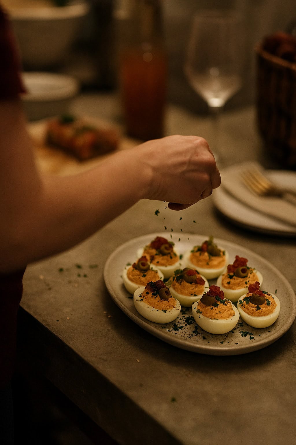 Person sprinkling herbs over a plate of bloody mary deviled eggs, garnished with chopped herbs and small toppings, on a kitchen counter.