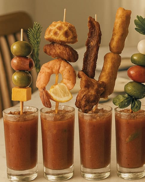 Four glasses of Bloody Mary cocktails are garnished with elaborate Bloody Mary Skewers holding olives, cheese, shrimp, lemon, fried foods, and fresh vegetables.