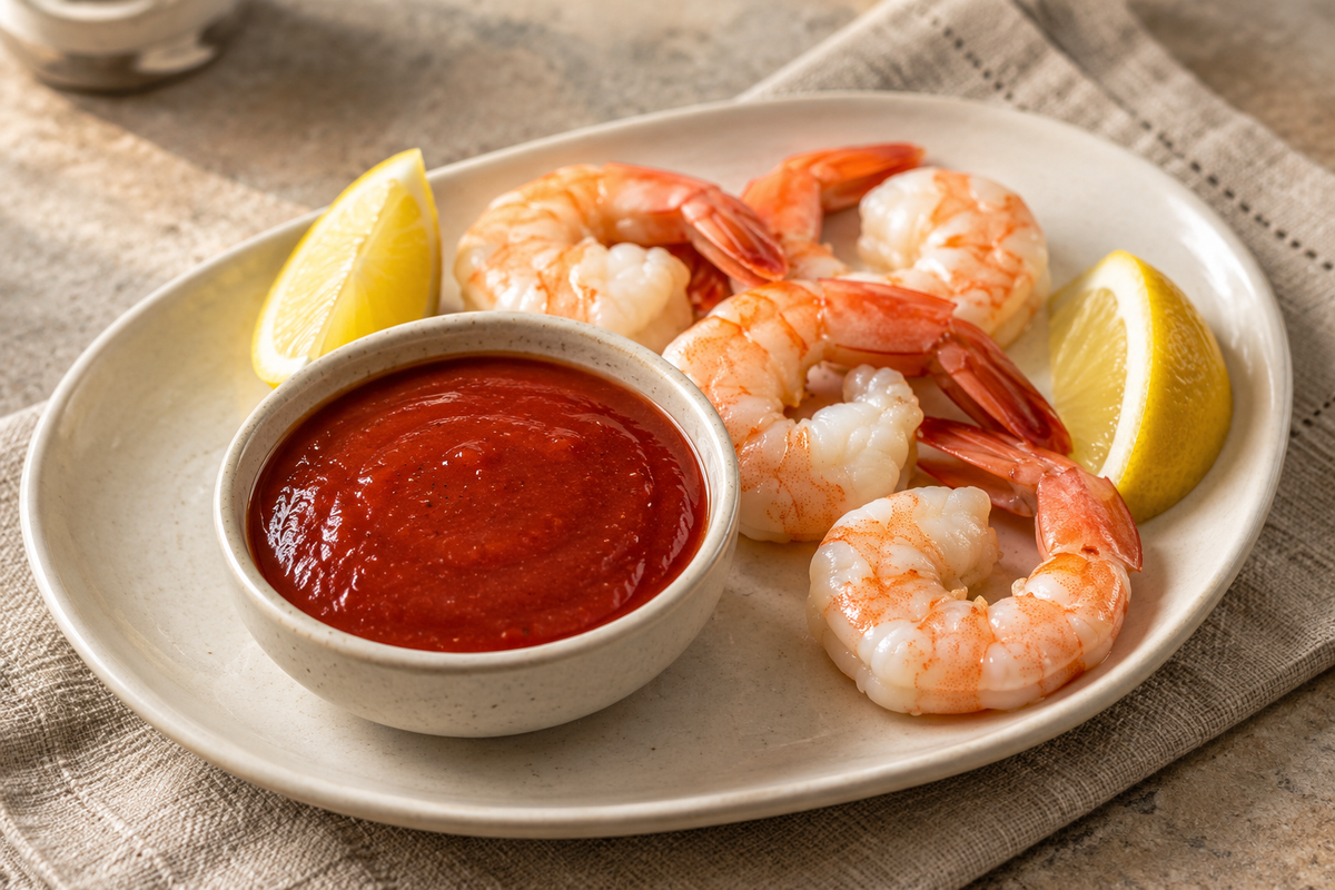 Smooth red cocktail sauce without horseradish served with cooked shrimp and lemon