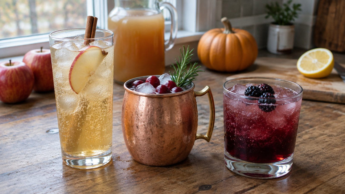 Fall mocktails: apple cider spritz with a cinnamon stick, cranberry mule in a copper mug, and a dark cherry fizz with blackberries