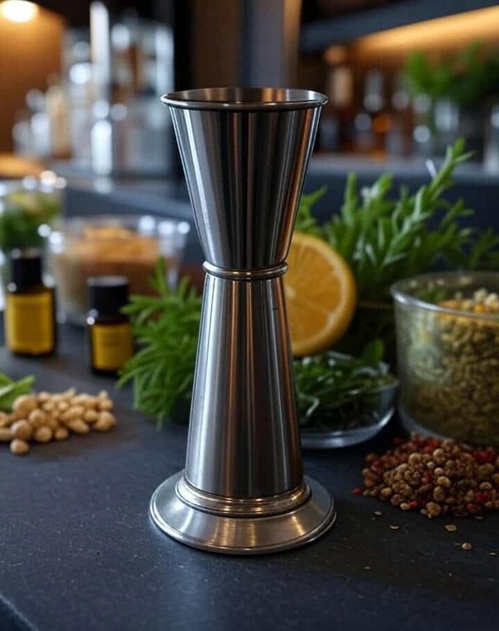 A Japanese jigger sits on a kitchen counter surrounded by herbs, spices, a lemon slice, and small jars.