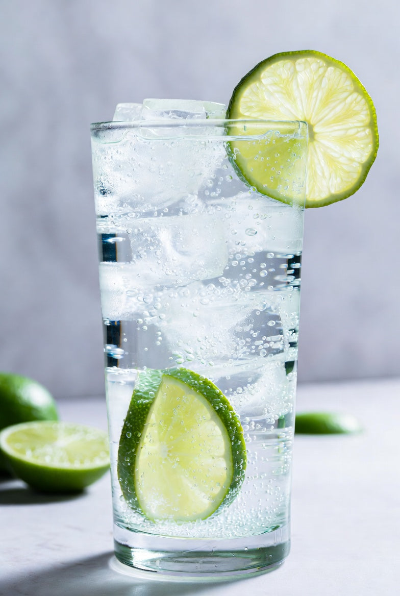 Ranch water cocktail in a tall glass with sparkling mineral water, ice, and fresh lime wheels