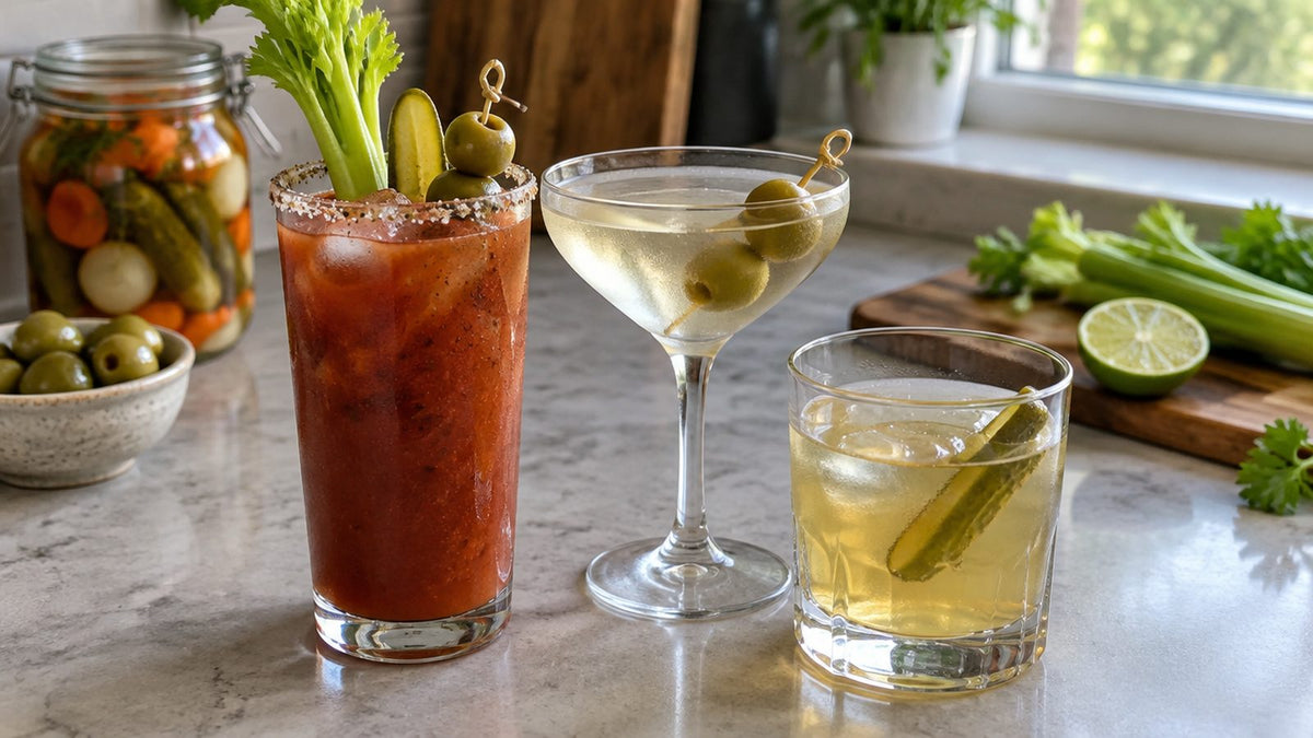 Savory cocktails: a Bloody Mary with celery and olives, a dirty martini with olives, and a pickle martini with a pickle spear