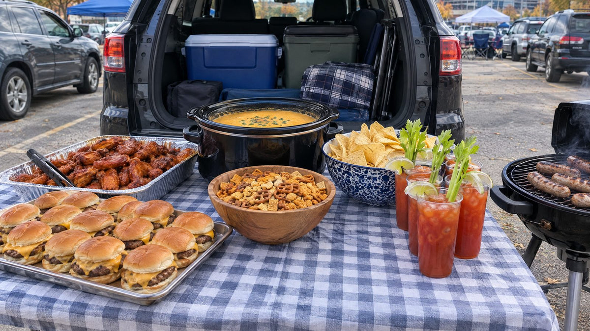 Football tailgate food spread with sliders, wings, queso, snack mix, brats on the grill, and Bloody Marys