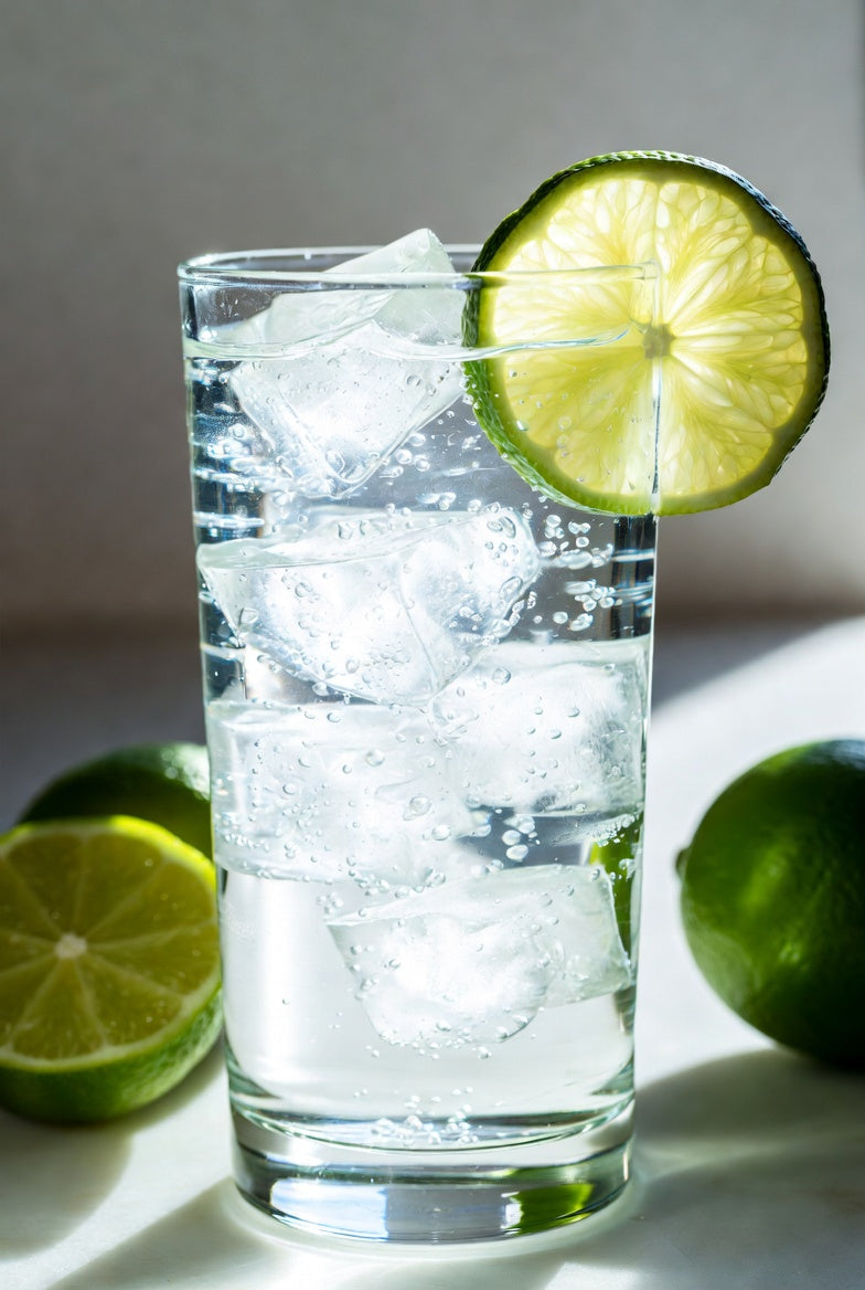 Tequila and tonic in a tall glass over ice with a fresh lime wheel and whole limes alongside