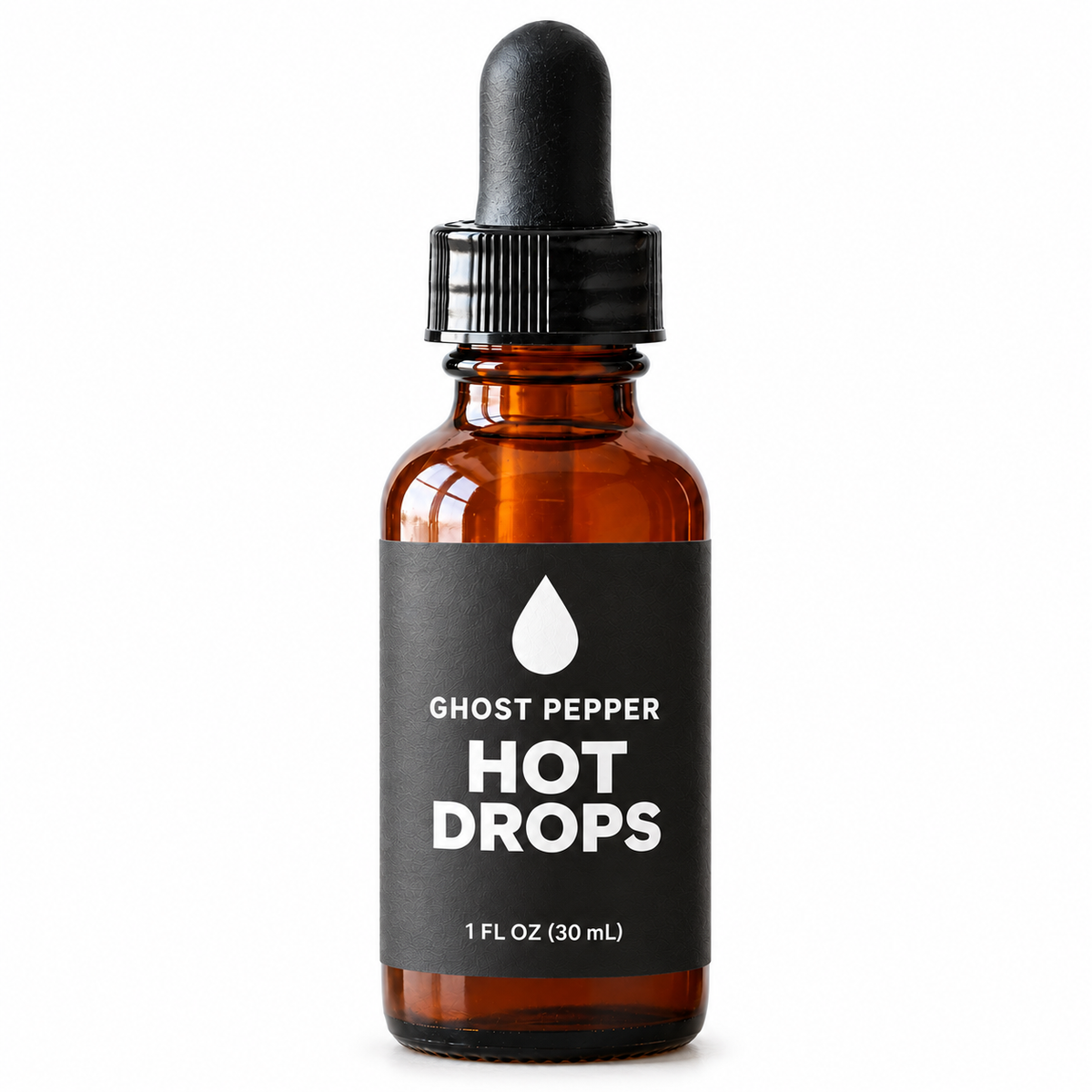 Ghost Pepper Hot Drops, 1 fl oz amber glass dropper bottle with charcoal label, Stu's Kitchen