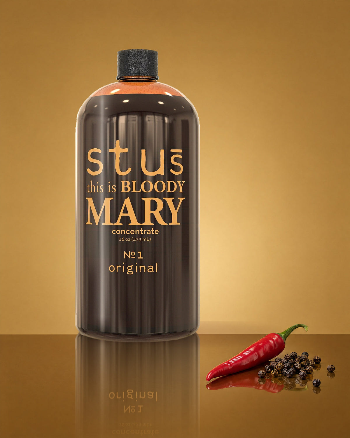 Stu's Classic No. 1 Bloody Mary seasoning bottle with a red cayenne pepper and black peppercorns on a gold background