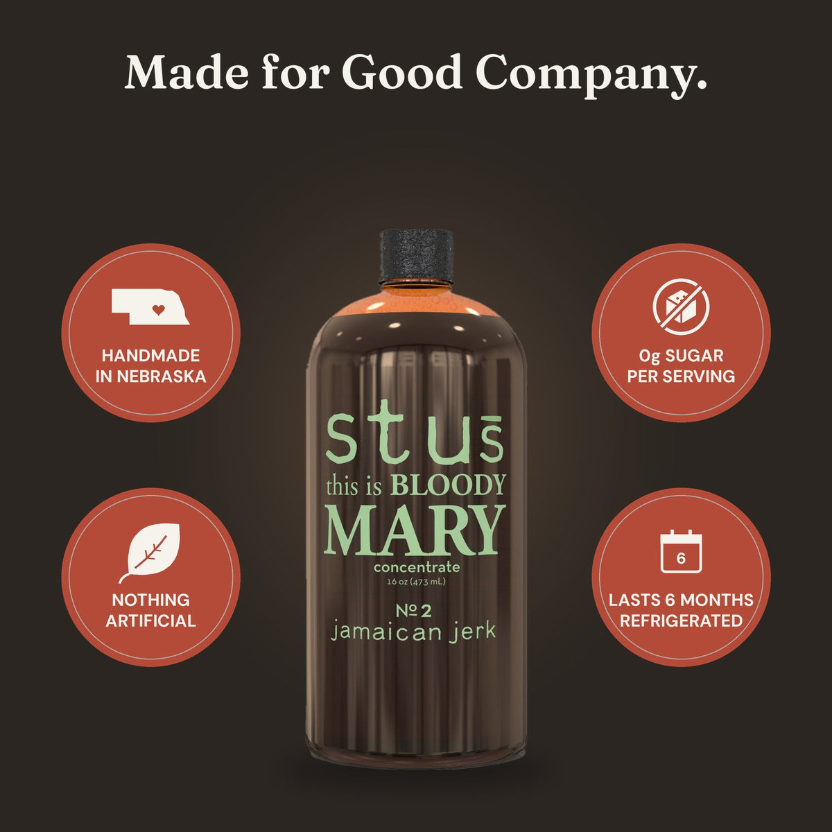 Stu's Jamaican Jerk Bloody Mary seasoning: handmade in Nebraska, nothing artificial, 0g sugar per serving, lasts 6 months refrigerated