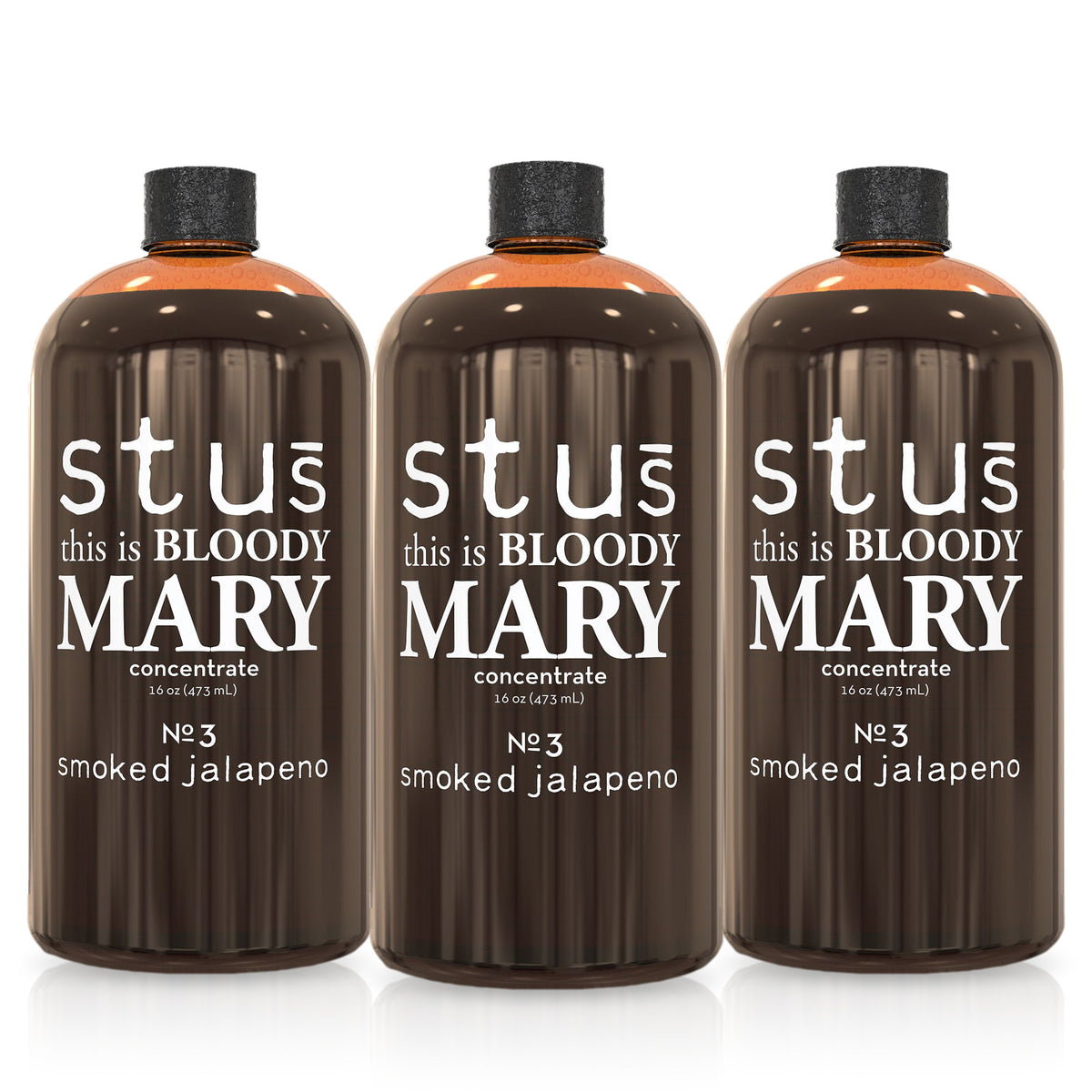 Stu's Smoked Jalapeño No. 3 Bloody Mary seasoning 3-pack, three 16 oz bottles