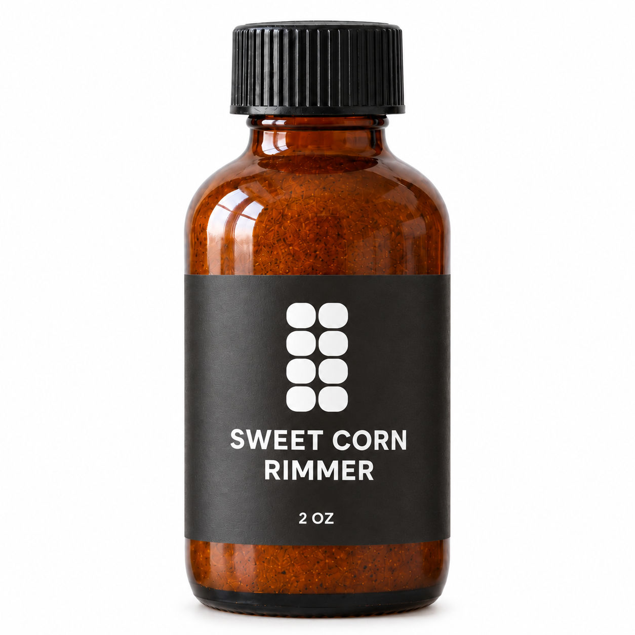 Sweet Corn Rimmer, 2 oz amber glass bottle with charcoal label, Stu's Kitchen