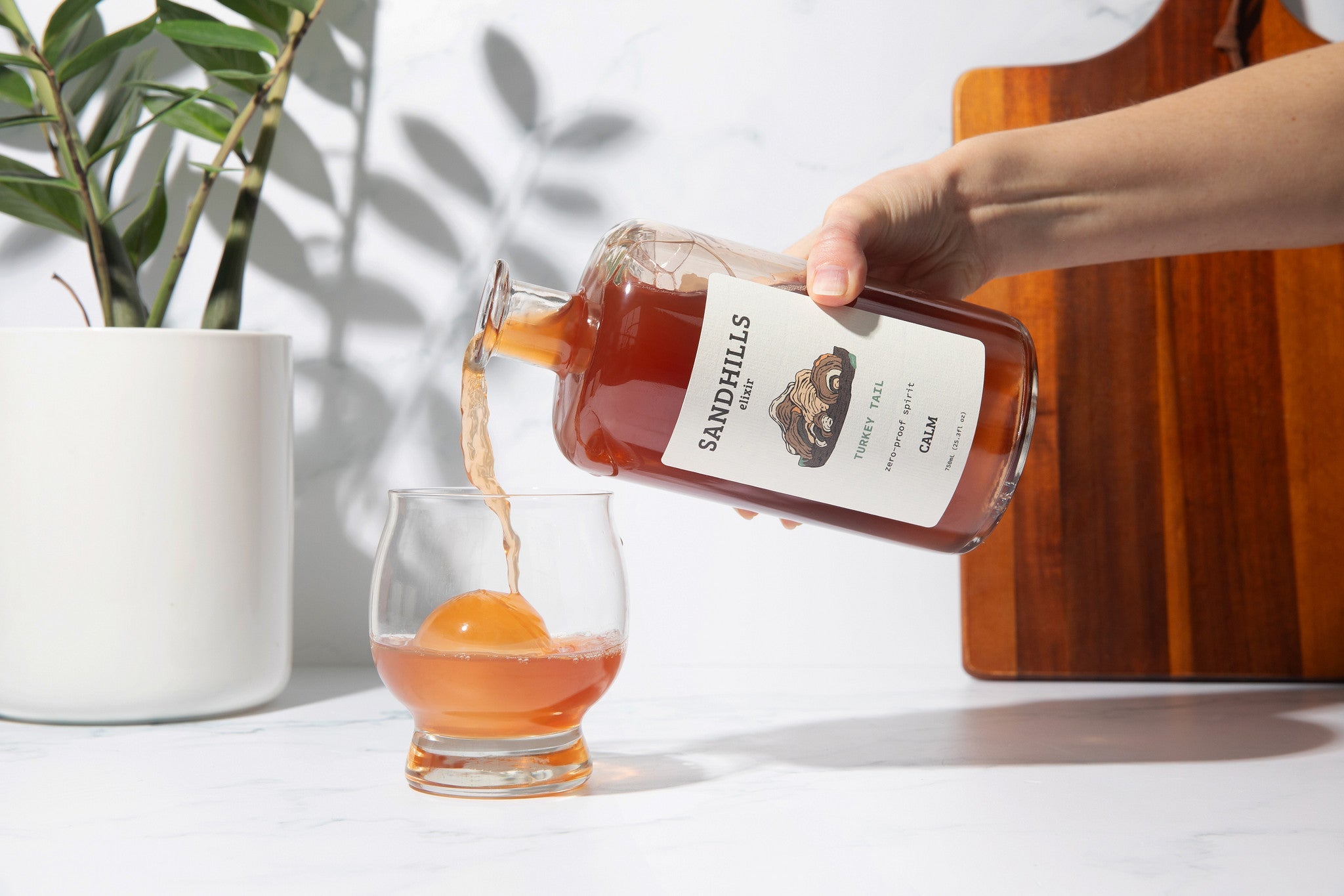 Turkey tail zero-proof spirit poured over ice