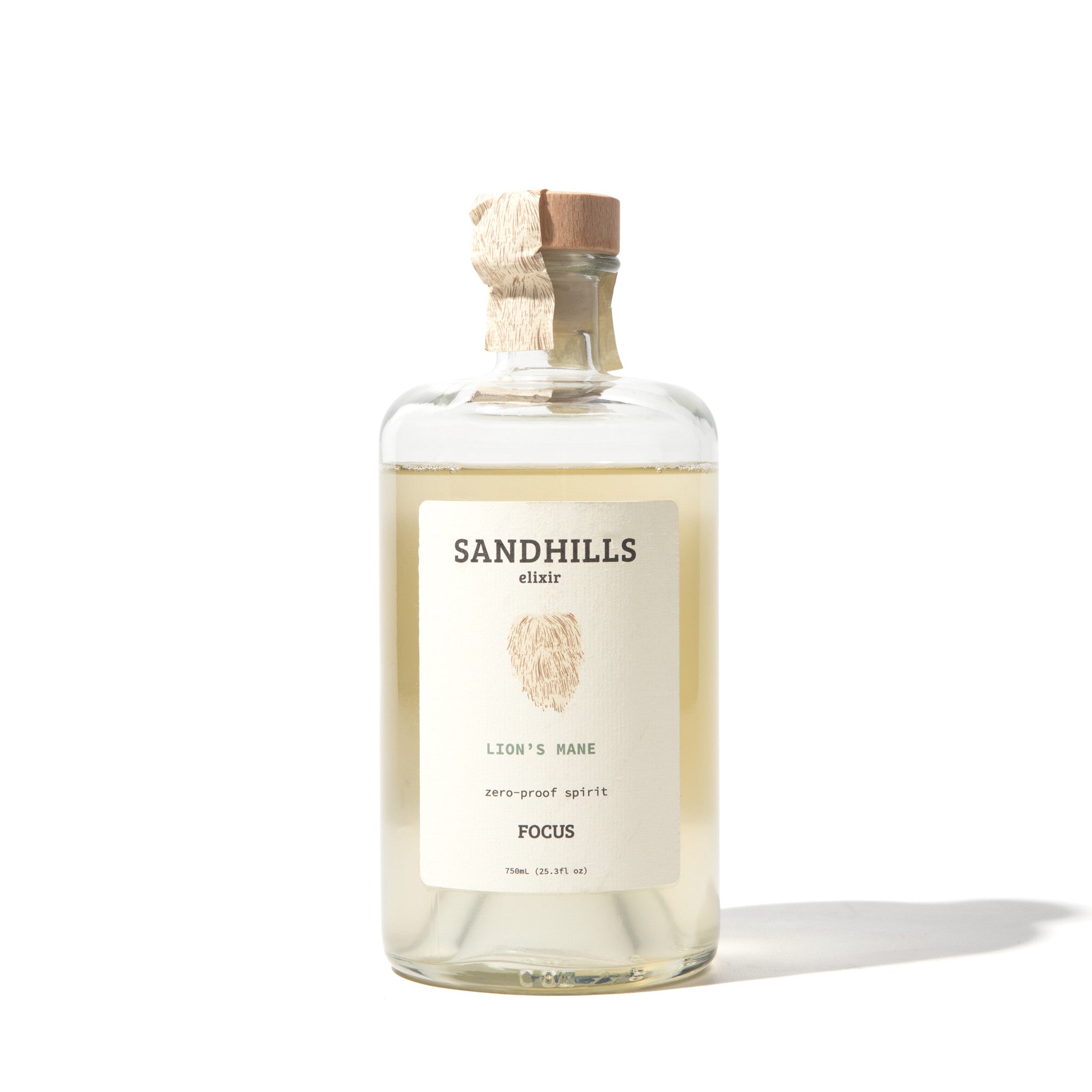 Lion's Mane zero-proof spirit bottle with cork stopper