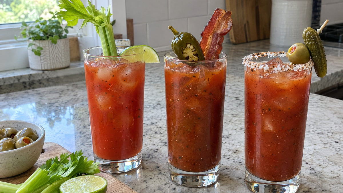 Three homemade Bloody Marys on a kitchen counter with celery, pickle, bacon and jalapeño garnishes