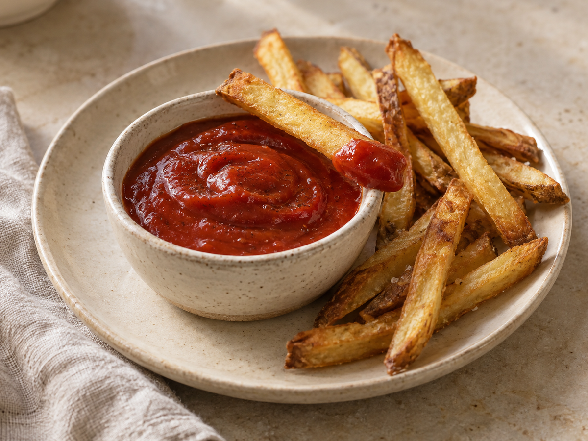 Bowl of Bloody Mary ketchup with a dipped French fry and golden fries
