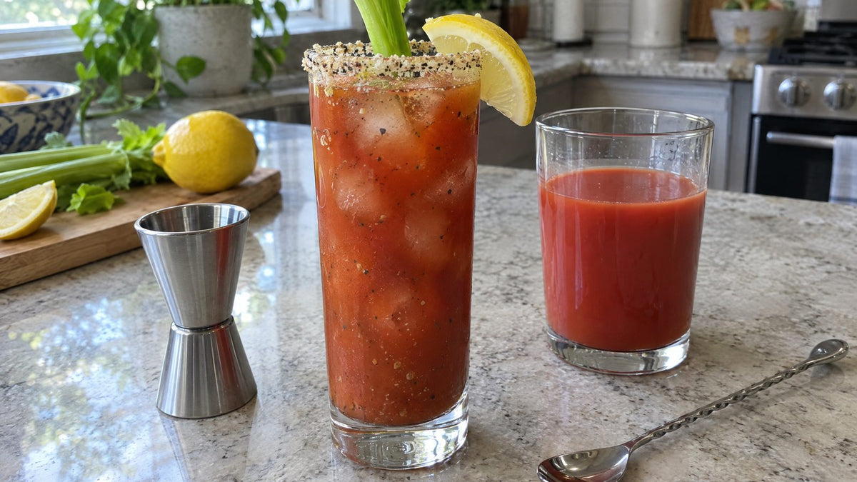 Bloody Mary made with mix in a salt-rimmed glass next to a jigger and a glass of tomato juice