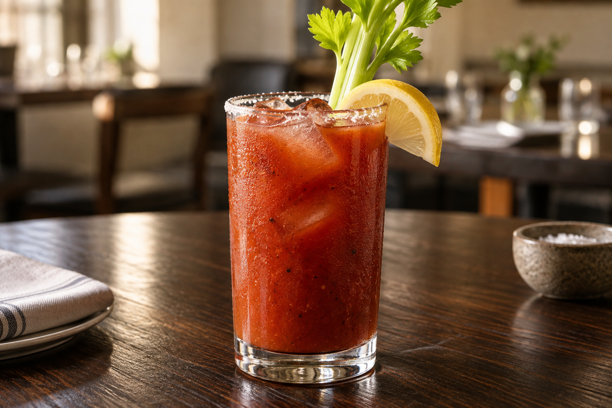 Bloody Mary made with tomato juice over ice, garnished with celery and lemon