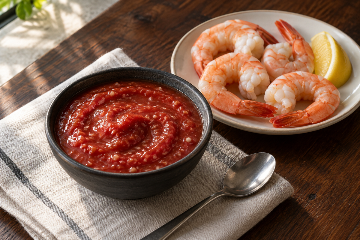 Classic cocktail sauce with horseradish flecks served with shrimp and lemon