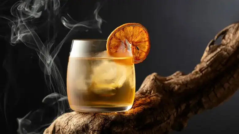 A glass of whiskey with ice and a dried orange slice garnish sits on a piece of wood, surrounded by swirling smoke from a cocktail smoker kit against a dark background.