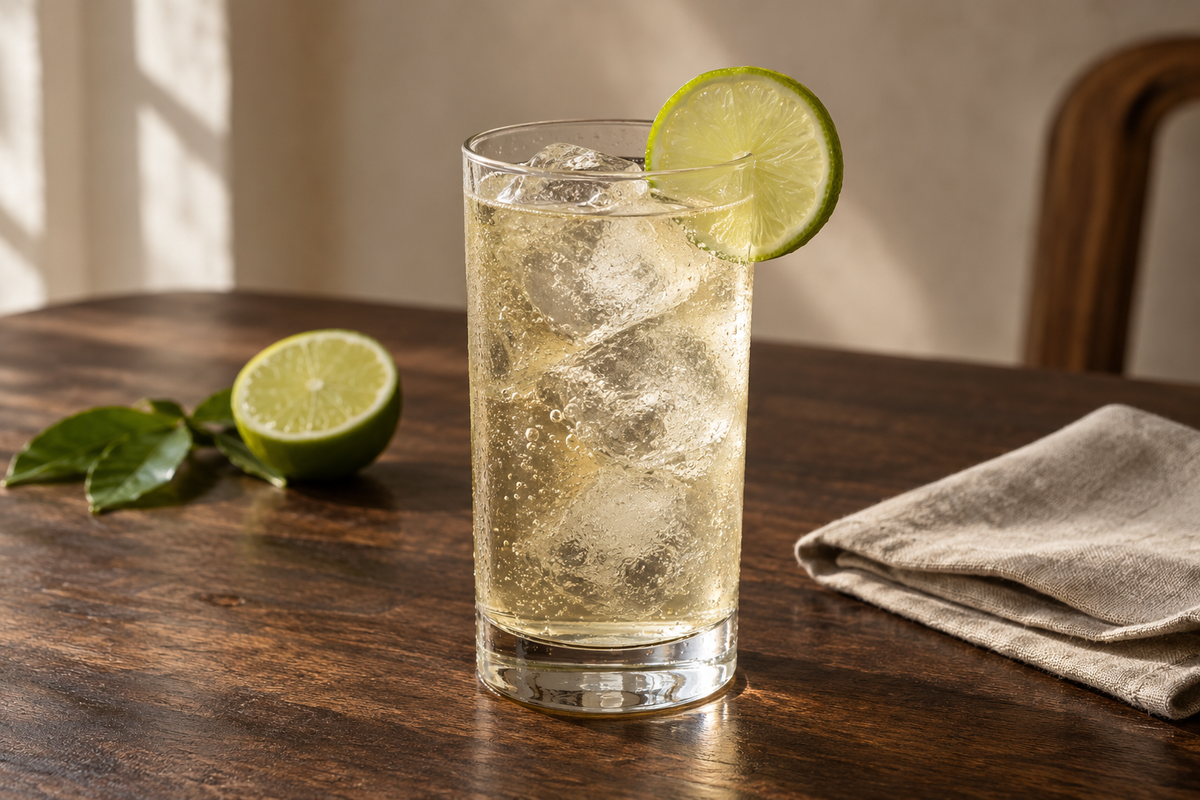 Gin and tonic over ice with a lime wheel in a clear highball glass