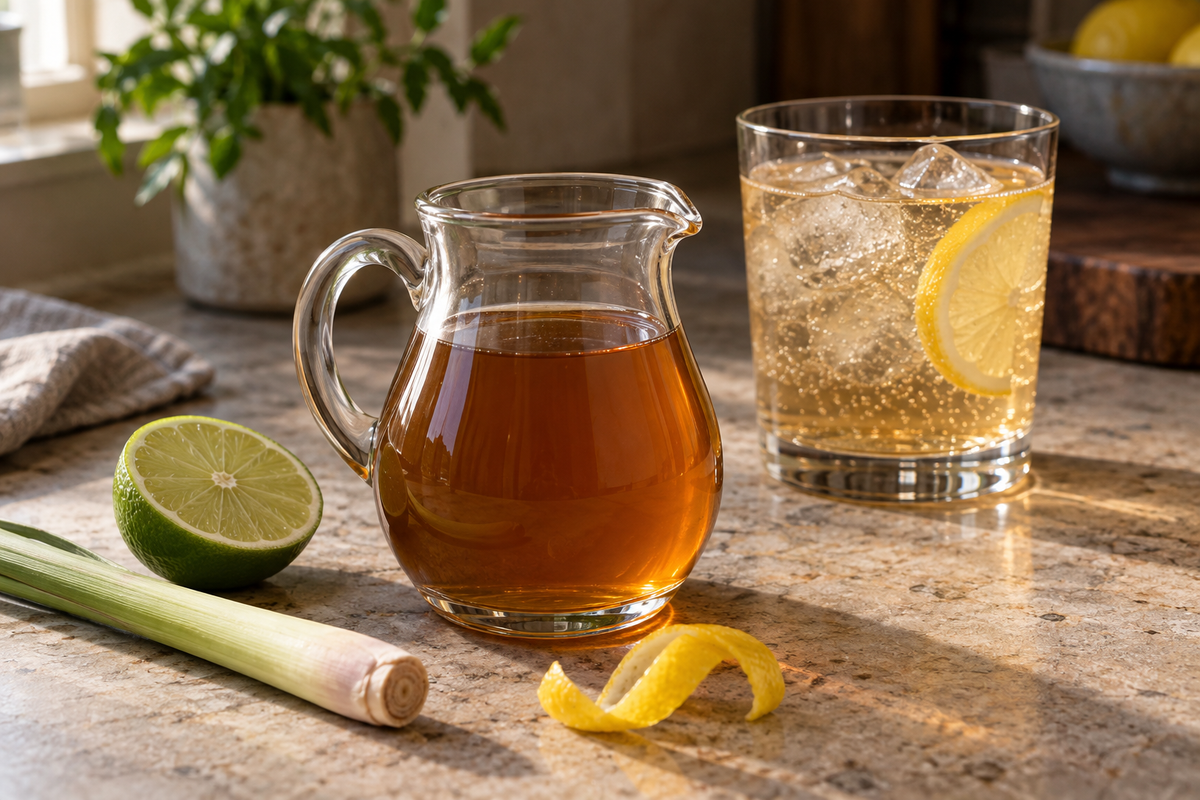 Amber homemade tonic syrup in a small glass jug beside tonic water with citrus and ice