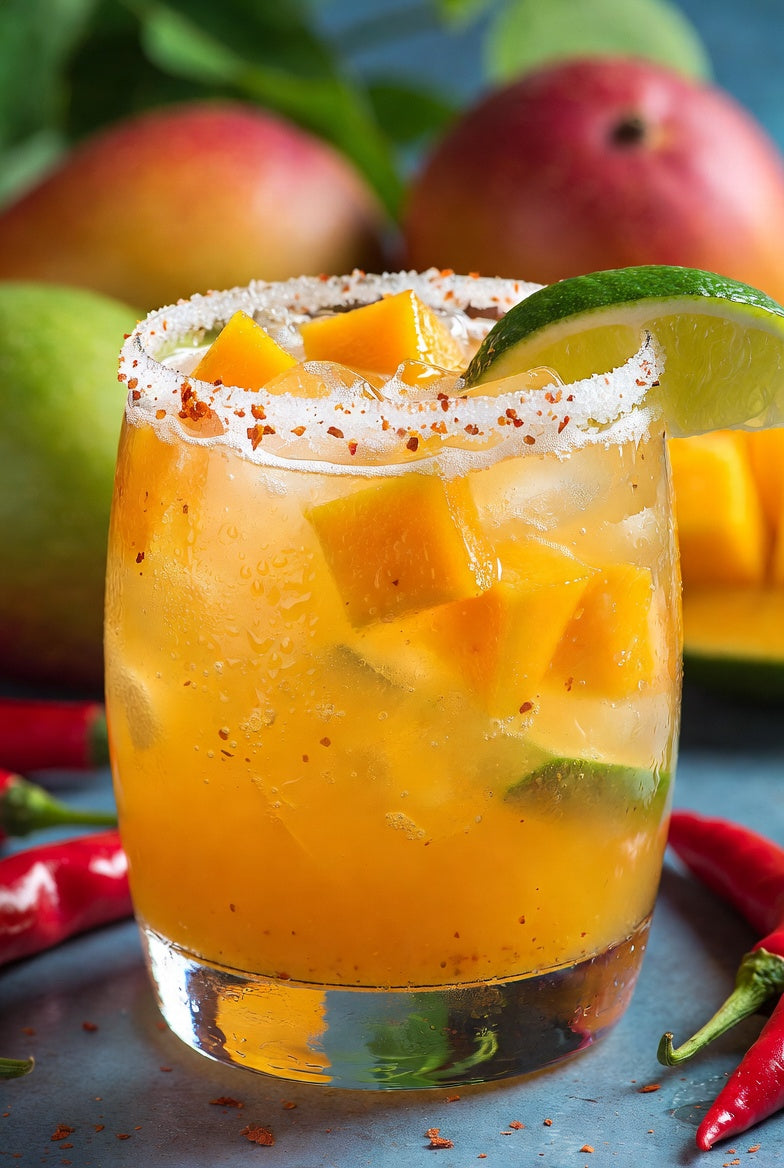 Mango michelada in a chili-salt rimmed glass with mango chunks, a lime wedge, and red chili peppers