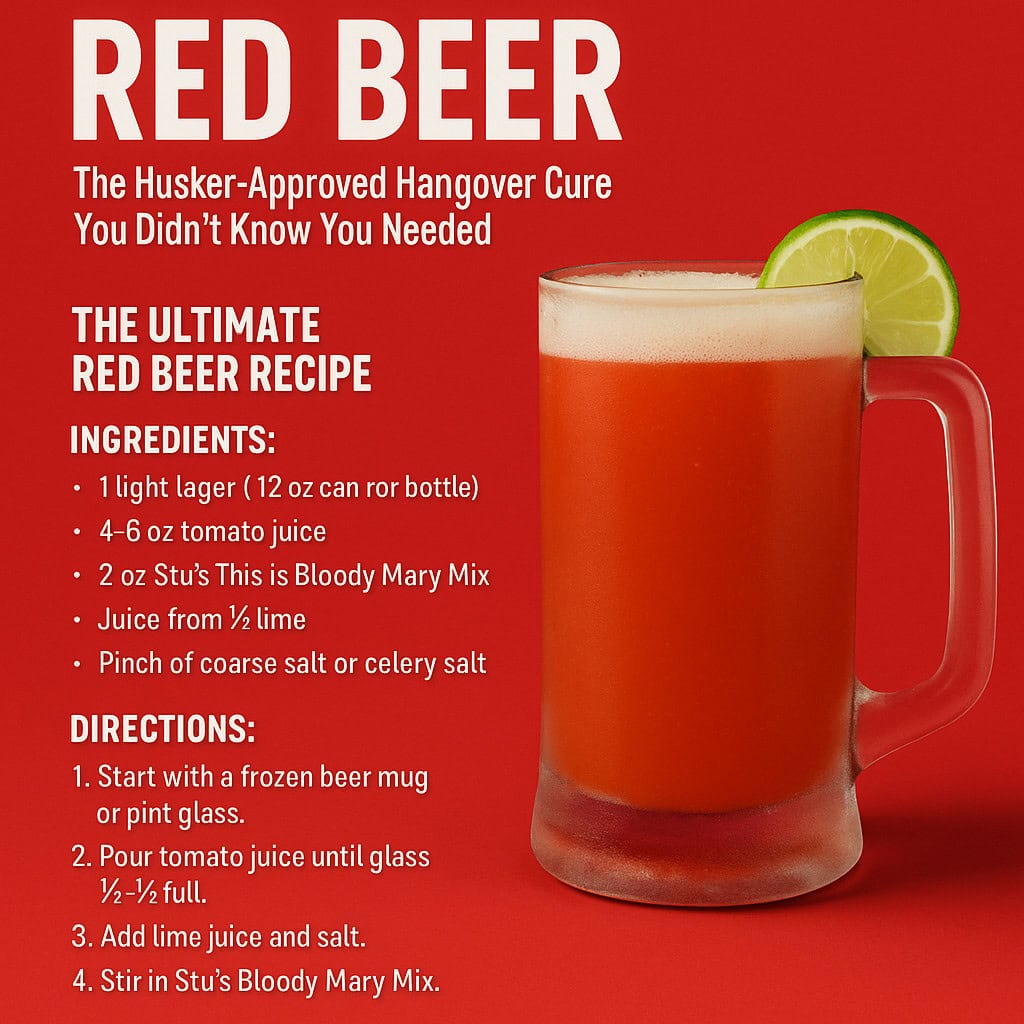 A frosty mug of red beer with a lime wedge sits in front of a red beer recipe, featuring ingredients and step-by-step directions on a vivid red background.