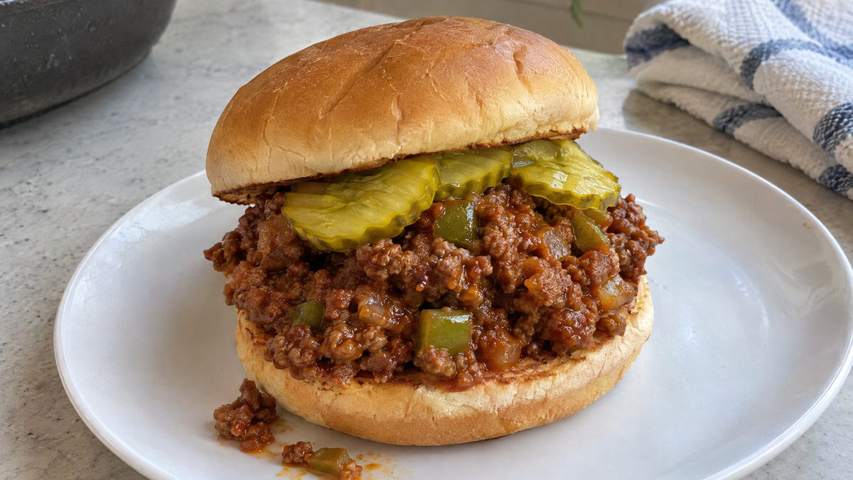 Homemade sloppy joe with onion and green pepper on a toasted bun, topped with dill pickle chips