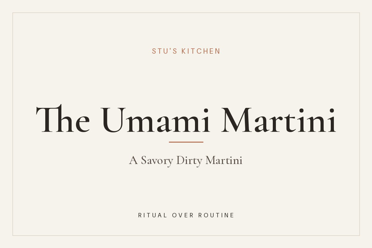 The Umami Martini, a savory dirty martini, from Stu's Kitchen