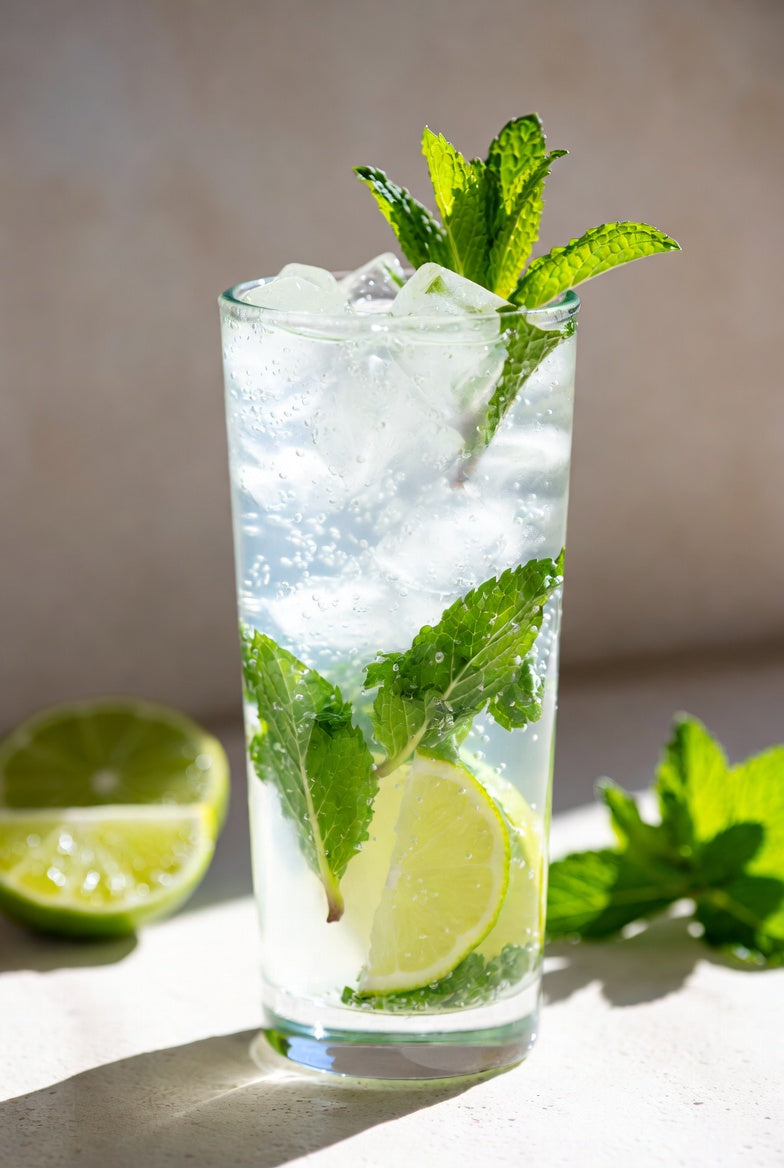 Non-alcoholic virgin mojito in a tall glass with fresh mint, a lime wedge, and soda over ice