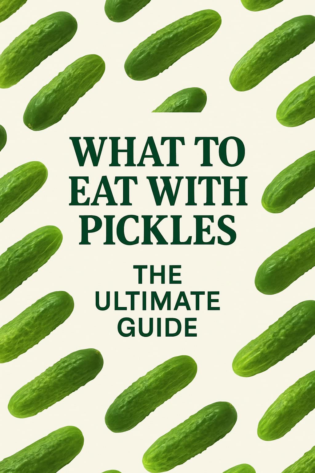 Green pickles arranged in a diagonal pattern frame the text "What to Eat With Pickles - The Ultimate Guide" on a cream background, highlighting delicious ideas for what to eat with pickles.