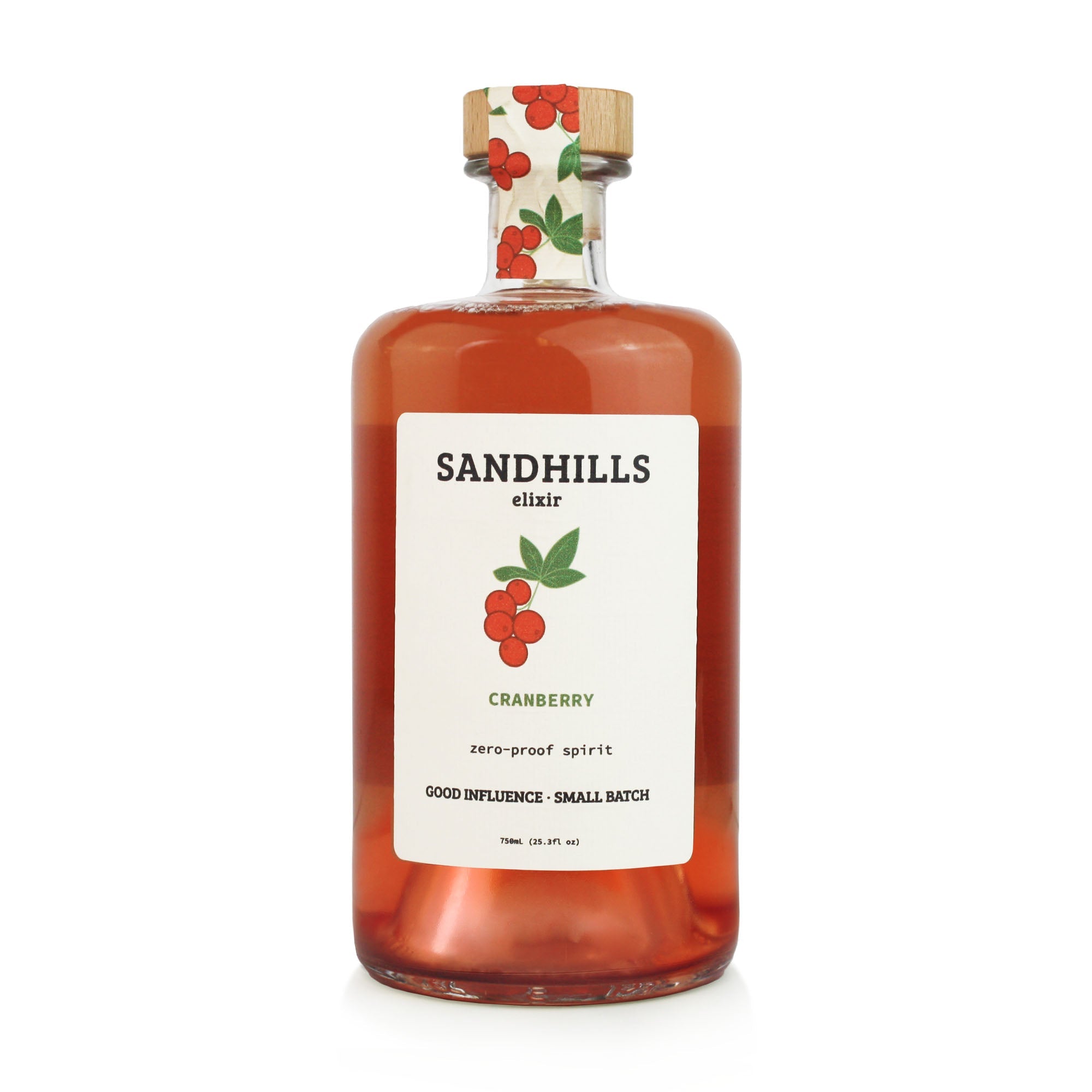 Cranberry zero-proof spirit in an amber glass bottle