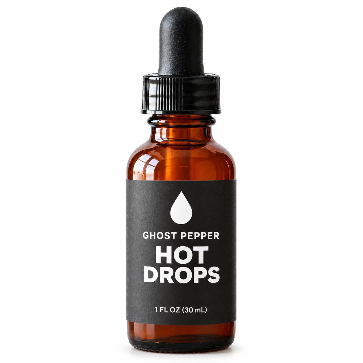 Ghost Pepper Hot Drops, 1 fl oz amber glass dropper bottle with charcoal label, Stu's Kitchen