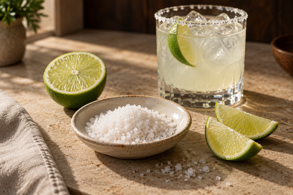 Serving suggestion: sea salt with lime beside a lime-garnished cocktail with a salted rim