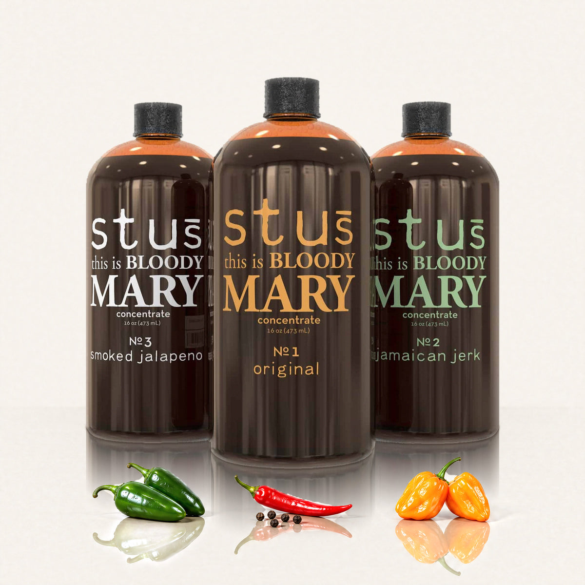 Stu's Bloody Mary seasoning combo 3-pack: Smoked Jalapeño, Classic and Jamaican Jerk bottles with jalapeños, cayenne and habaneros