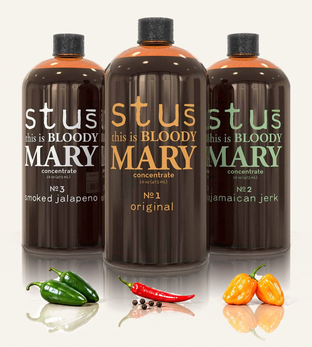 Stu's Bloody Mary seasoning in Classic, Smoked Jalapeño, and Jamaican Jerk with cayenne, jalapeño, and habanero peppers