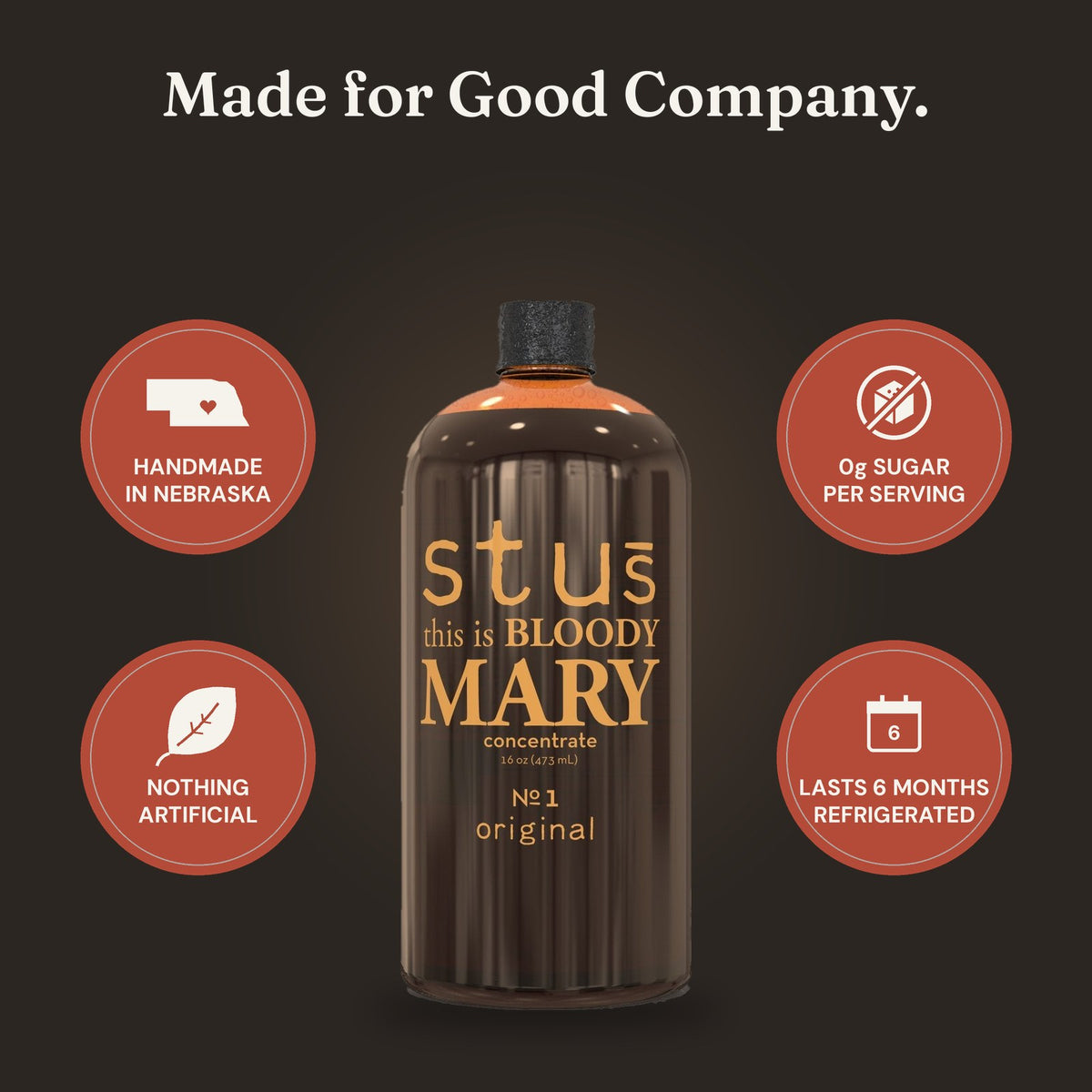 Stu's Classic Bloody Mary seasoning: handmade in Nebraska, nothing artificial, 0g sugar per serving, lasts 6 months refrigerated