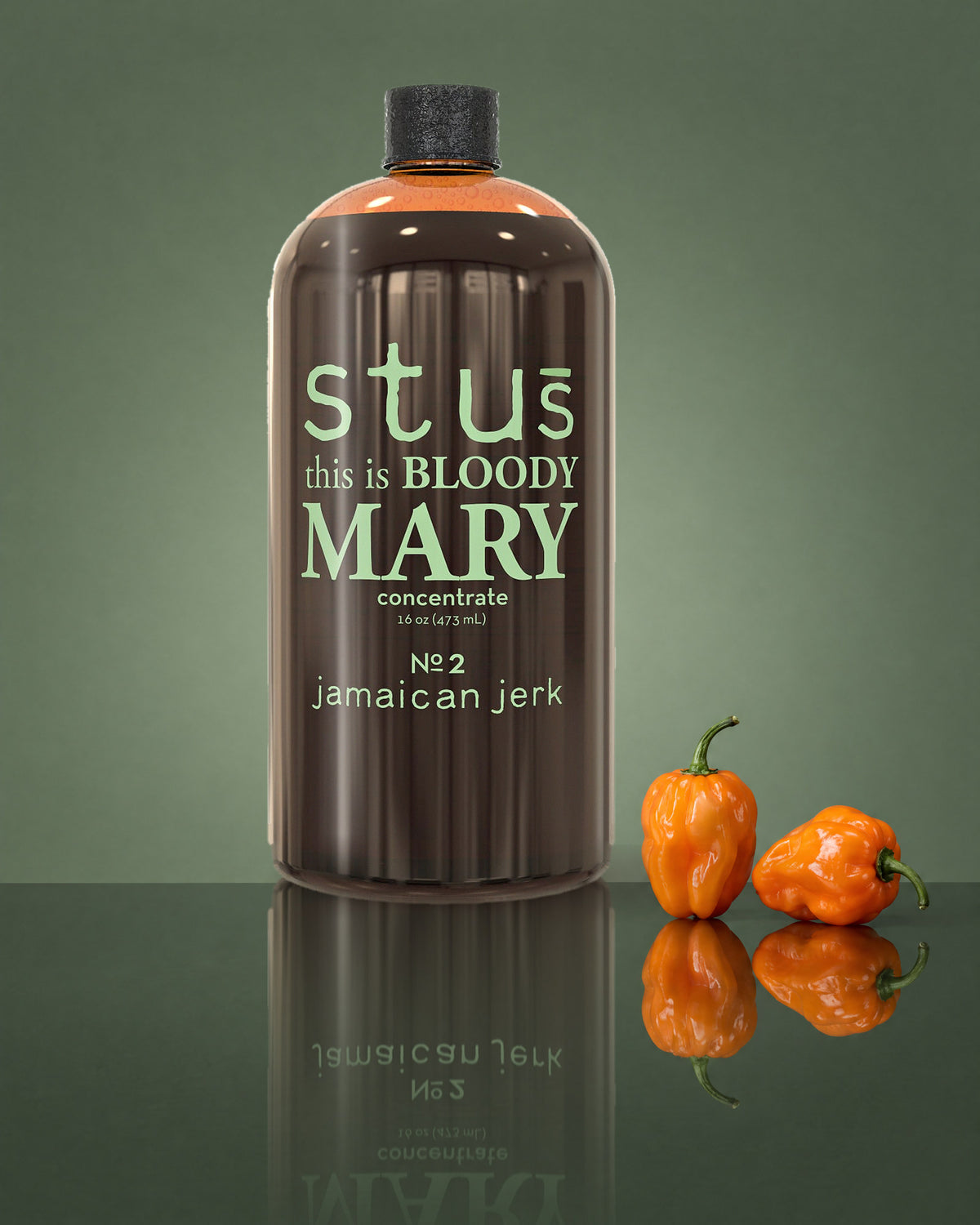 Stu's Jamaican Jerk No. 2 Bloody Mary seasoning bottle with orange habanero peppers on a sage green background