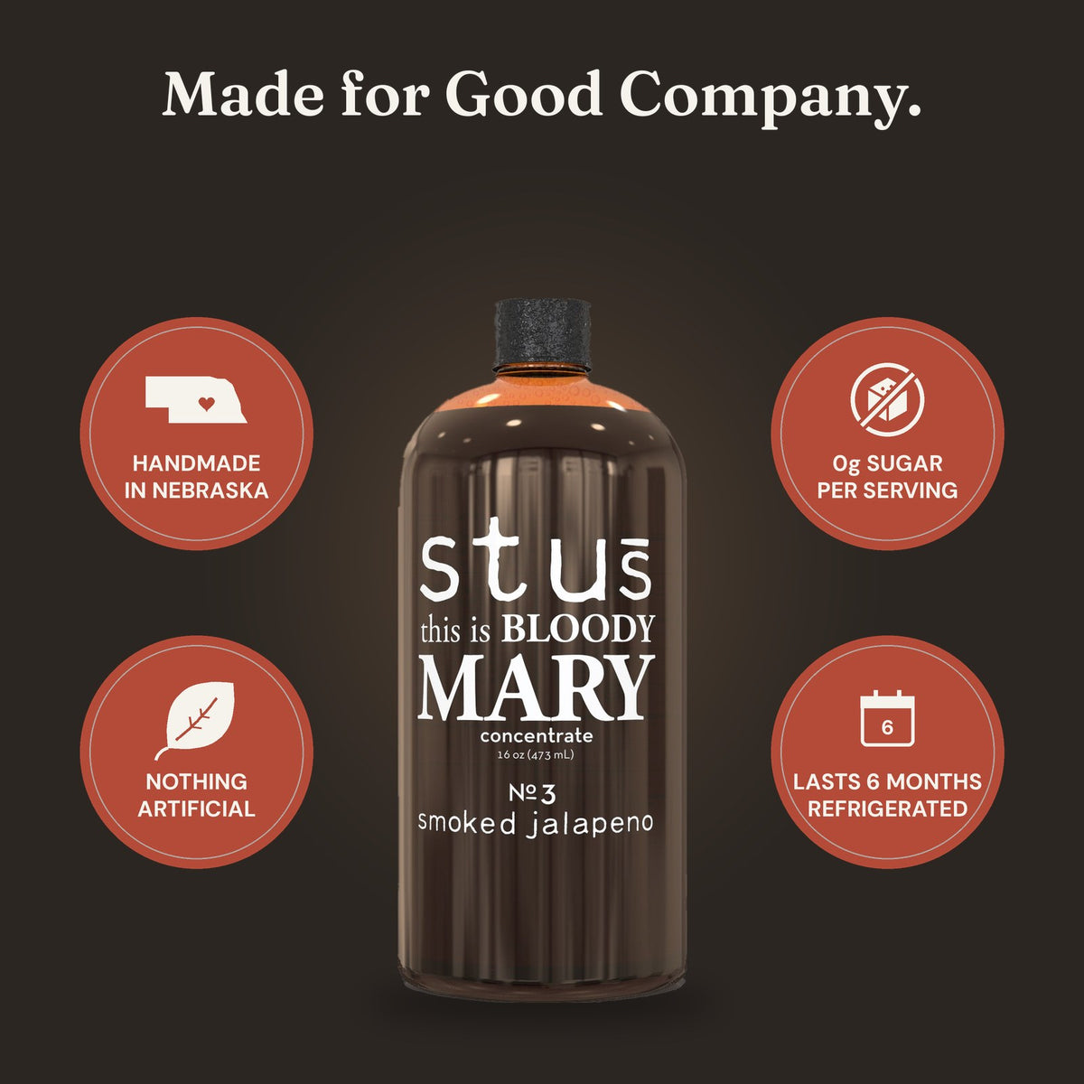 Stu's Smoked Jalapeño Bloody Mary seasoning: handmade in Nebraska, nothing artificial, 0g sugar per serving, lasts 6 months refrigerated